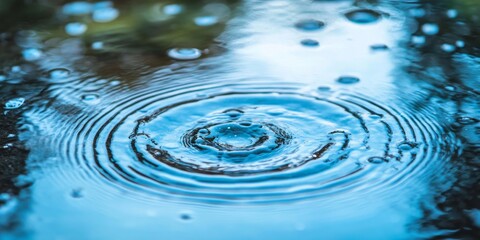 Top view of close up blue water rings where droplets impact the surface, creating distinct rings. The water displays reflections and radial waves, showcasing circles and rings in the puddle.