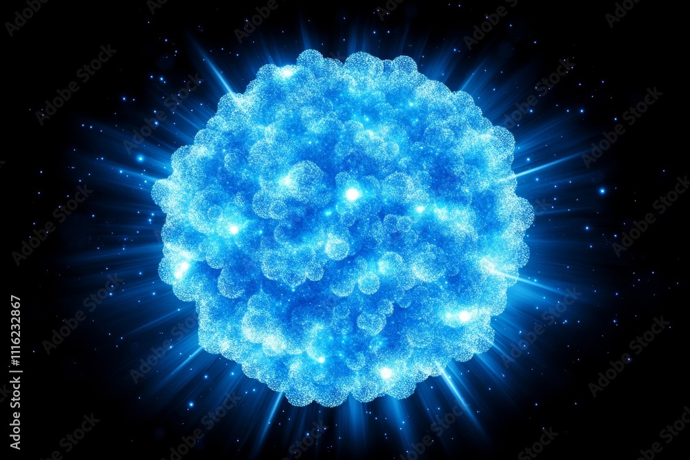 Poster a stunning blue particle sphere glowing in space with radiating light effects and cosmic background 