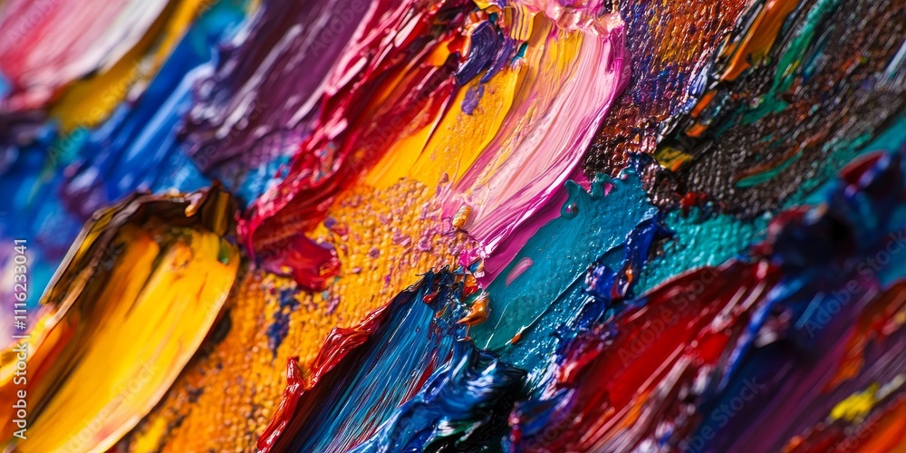 Poster macro texture abstraction showcasing vibrant oil paints, highlighting the intricate patterns and ric