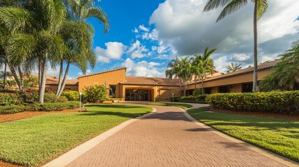 Fototapeta premium Outside the senior care facility there is a well-maintained garden and welcome entrance. Emphasize the comfort and dignity of the living environment of the elderly.