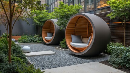 A pair of round wooden loungers are placed in a garden setting. The garden is filled with trees and bushes, and there are benches and a bench in the background