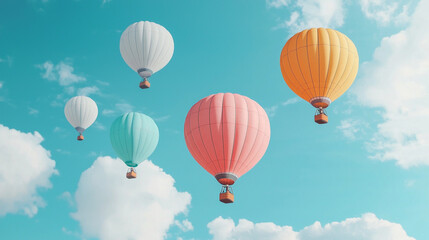 Fototapeta premium Colorful hot air balloons float gracefully against a clear blue sky, creating a serene and adventurous atmosphere.