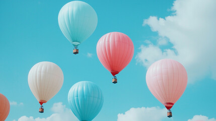 Fototapeta premium Colorful hot air balloons floating in a clear blue sky, creating a scene of tranquility and adventure.