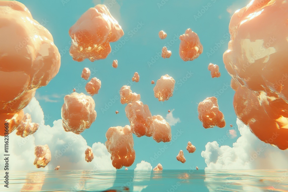 Poster a surreal scene of soft, dreamy clouds floating above a calm ocean under a bright blue sky, creating