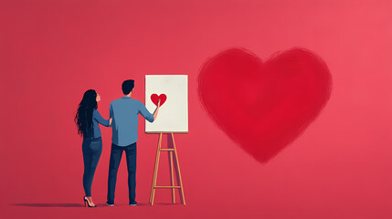 couple painting heart on canvas, expressing their creative love together