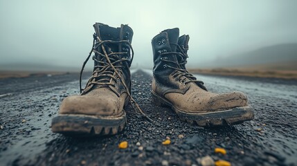 A pair of worn work boots on the road