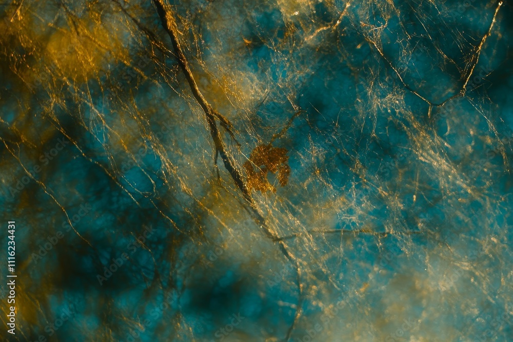 Poster abstract background of intricate textures in blue and gold hues with natural patterns captured throu