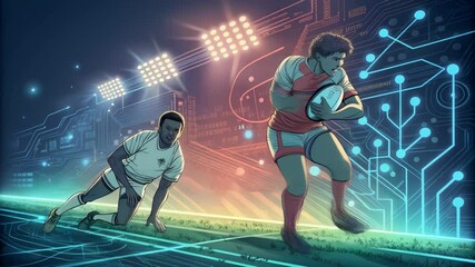 Digital Art of Rugby Player Catching Ball with Emerging Technology Background at Night - Powered by Adobe