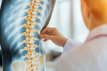 A healthcare professional showing an X-ray image of a spine with scoliosis to a patient, with copy space. Bright light. Clinical setting background. 