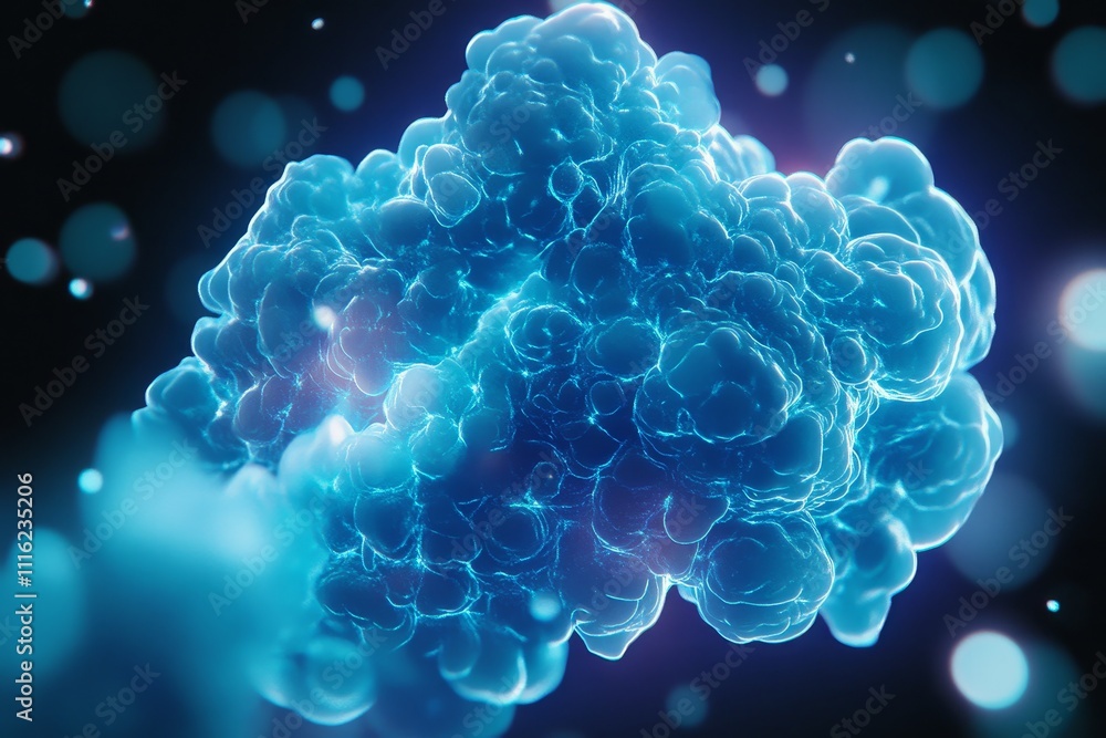 Poster abstract blue glowing cloud of particles in a dark cosmic space, representing science, technology, a