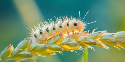 Fototapeta premium Close up macro shot of a baby caterpillar feeding on barley in its natural habitat, showcasing the caterpillar s delicate movements while it consumes barley leaves.