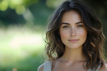 Naklejka premium Beautiful Woman Portrait, Clear Skin, Natural Makeup, Blurred Background