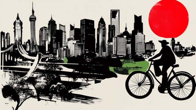 Cyclist in city for Bike Month. Сoncept of Bike To Work Month. Template for background, banner, card, poster with text inscription.