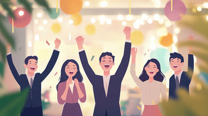 A team of business professionals celebrating with clapping hands or raised arms in a joyful atmosphere.