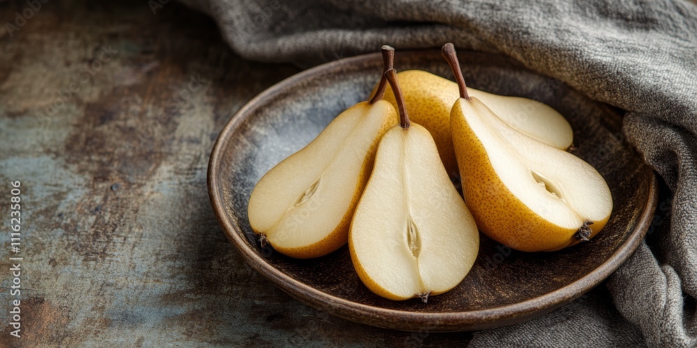 Poster freshly cut slices of pears arranged on a rustic plate create a healthy snack. this vibrant fruit di