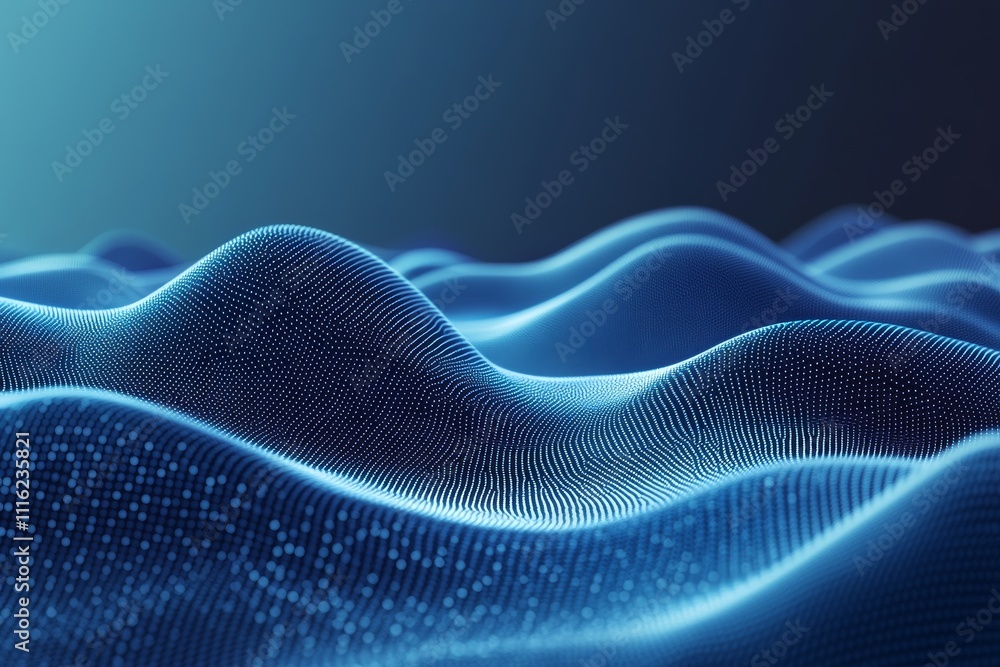 Poster abstract blue wavy surface with particle-like texture, representing digital waves and data flows in 