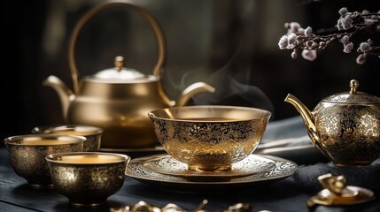 Fototapeta premium Golden Tea Ceremony: An Elegant Still Life