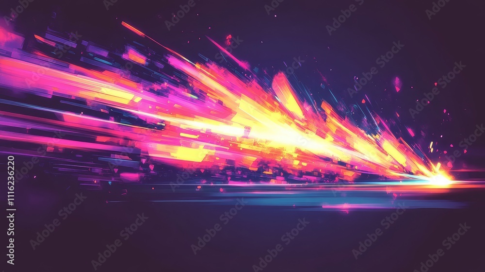 Poster a dynamic neon pixel explosion, with abstract shapes and bright neon colors colliding and illuminati
