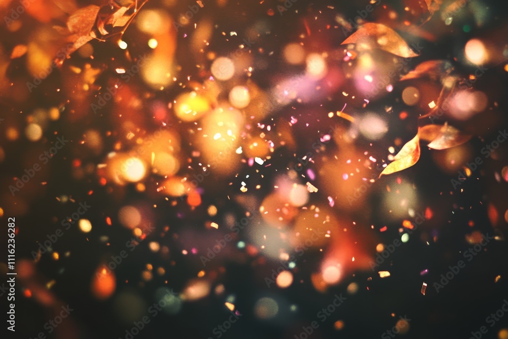 Poster abstract colorful background with vibrant bokeh light, shimmering particles, and floating autumn lea