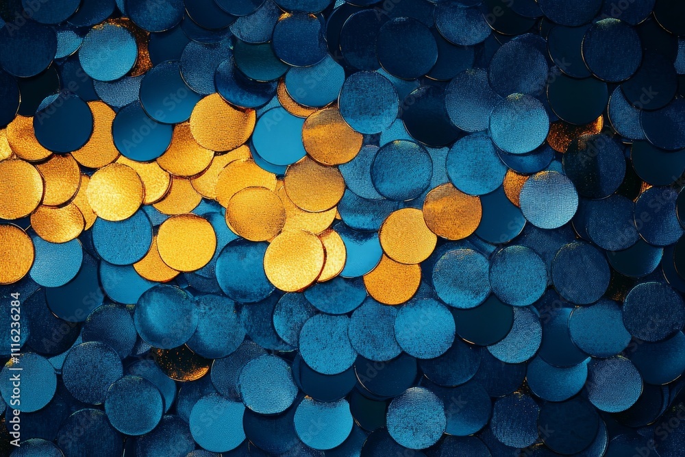 Poster abstract colorful background featuring scattered blue and gold circles arranged in an overlapping pa