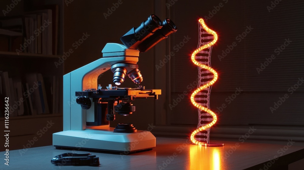 Poster laboratory microscope with dna helix illuminated in dark science setting