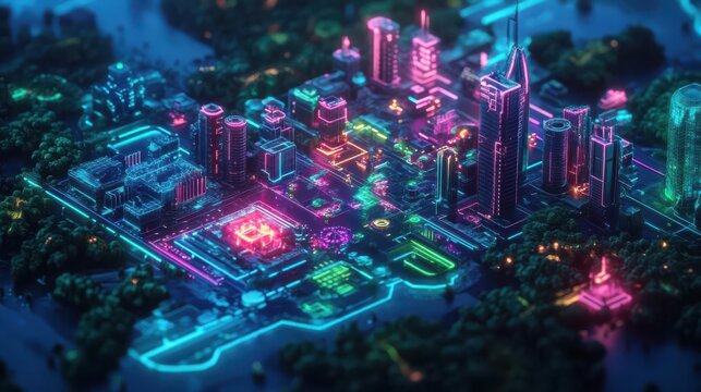 Create a rear view of a holographic map showing vibrant ecosystems and luminescent cities in a utopian world, crafted in cool neon tones with AI-generated precision