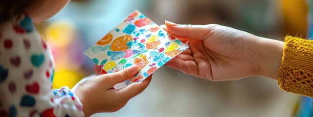 child gives a card for Mother's Day. Selective focus