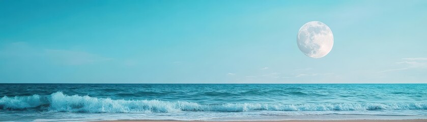 Fototapeta premium A serene ocean wave gently lapping against the shore under a full moon, watercolor style, muted blues and silvers, ethereal atmosphere