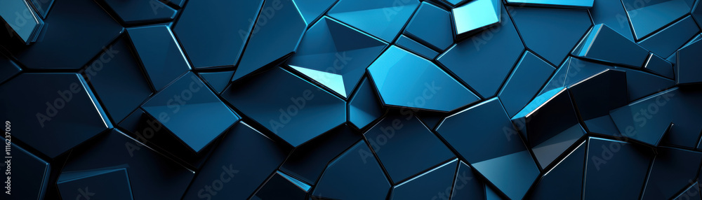 Poster a textured blue background featuring interlocking geometric shapes, creating a modern and abstract d