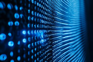 Naklejka premium Abstract Digital Artwork of Glowing Blue Binary Code Flowing Along a Textured Surface, Symbolizing Technology, Data Processing, and Cybersecurity Concepts