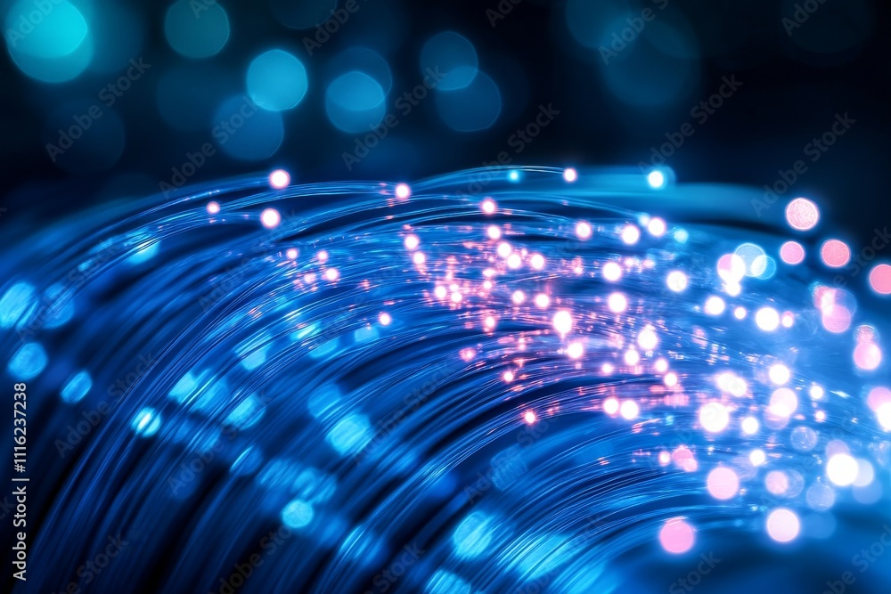 Poster abstract digital background with sparkling blue lights and bokeh effects, creating a sense of depth 