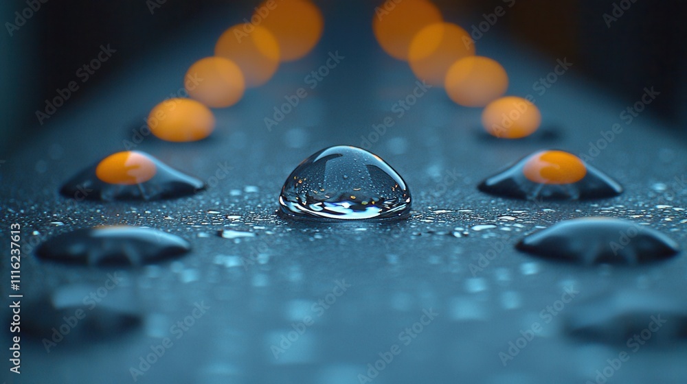Poster close-up view of water droplets on a dark surface with soft background lights
