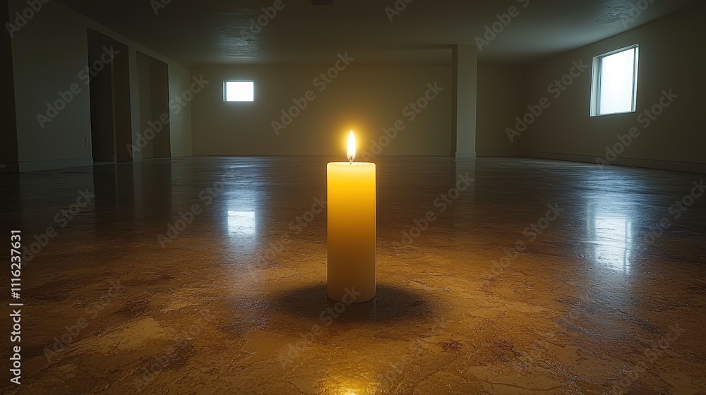 Poster single candle illuminates empty room with soft glow and reflections on floor
