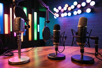 Vibrant Retro Podcast Studio Featuring Classic Microphones for Dynamic Media Discussions