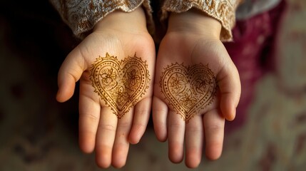 heart drawn on palms. Selective focus