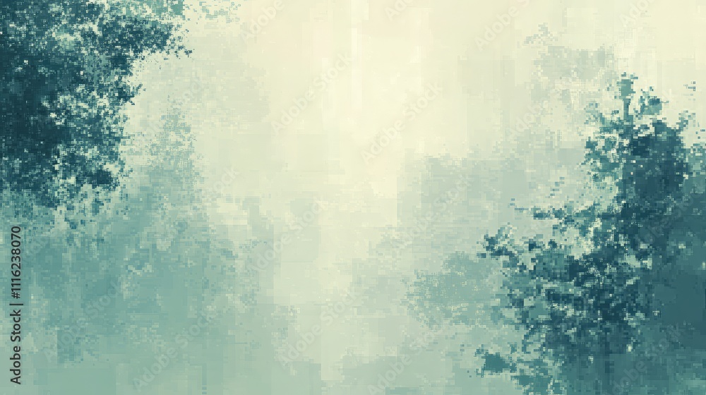 Poster a faded muted pixel pattern in pale blues and soft greens, creating a dreamy, abstract background wi