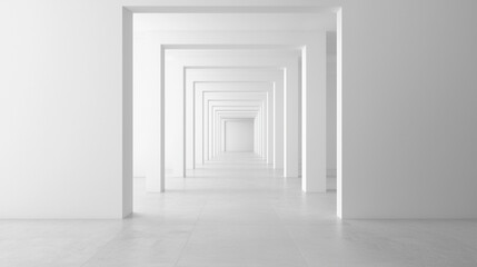 Fototapeta premium Infinite white corridor with symmetrical doorways creating an abstract, minimalist perspective in a bright, modern space.
