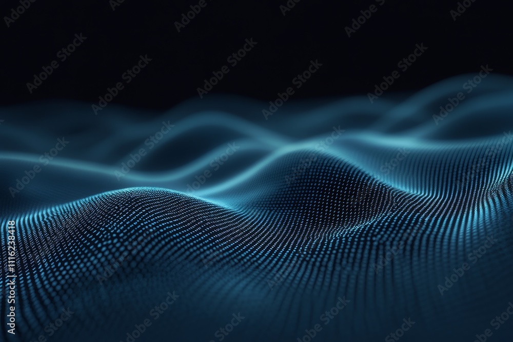 Poster abstract digital waves with glowing blue particles creating a mesmerizing fluid landscape in a dark 