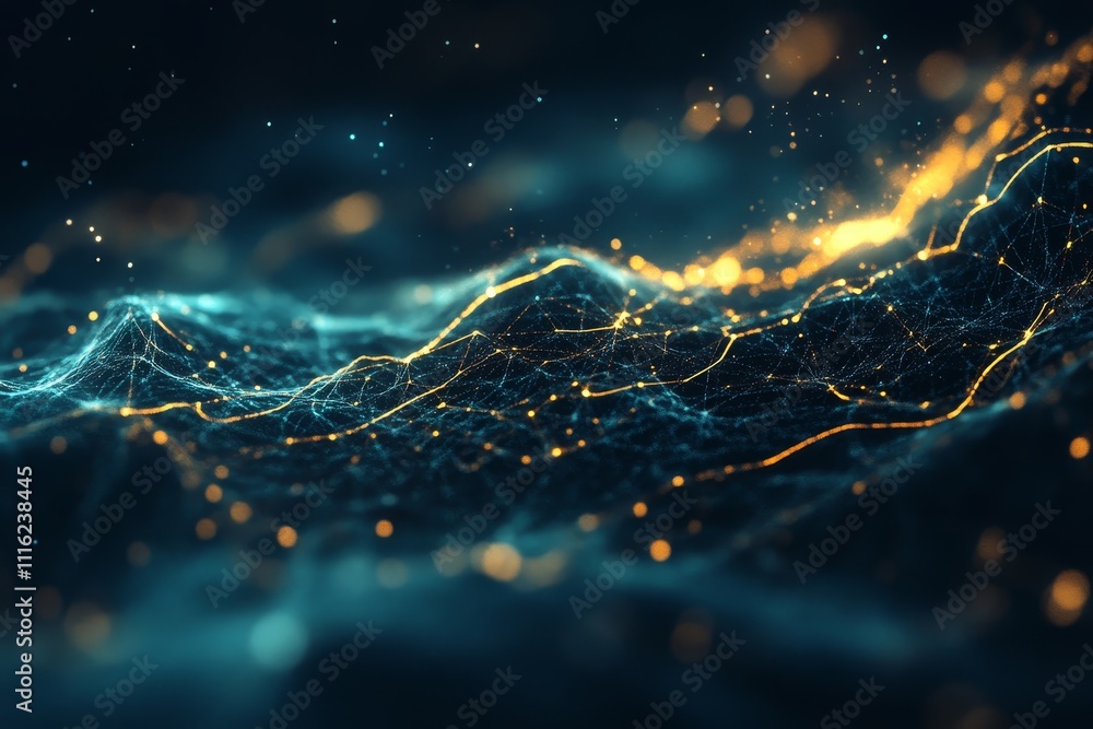 Poster abstract digital waves with glowing particles and interconnected lines creating a futuristic visual 
