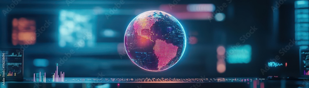 Poster A glowing globe hovering over a virtual desk, surrounded by data streams, digital art style with soft and vibrant tones, AIassisted learning
