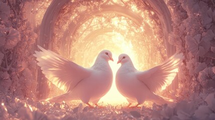 Fototapeta premium Depict a pair of gleaming doves gliding under a radiant archway enveloped by peace emblems
