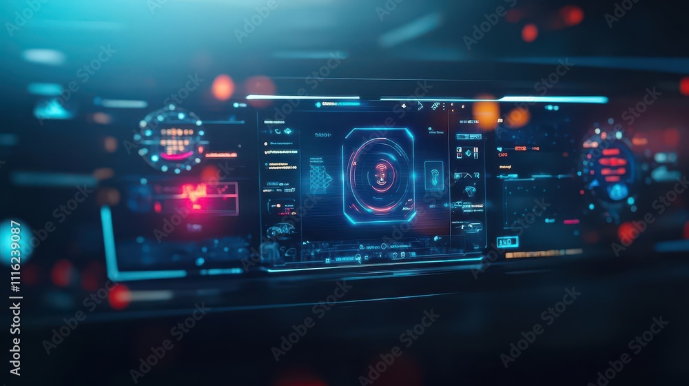 Poster A futuristic car dashboard with interactive media displays, showing navigation, entertainment, and gesturebased controls in a sleek design