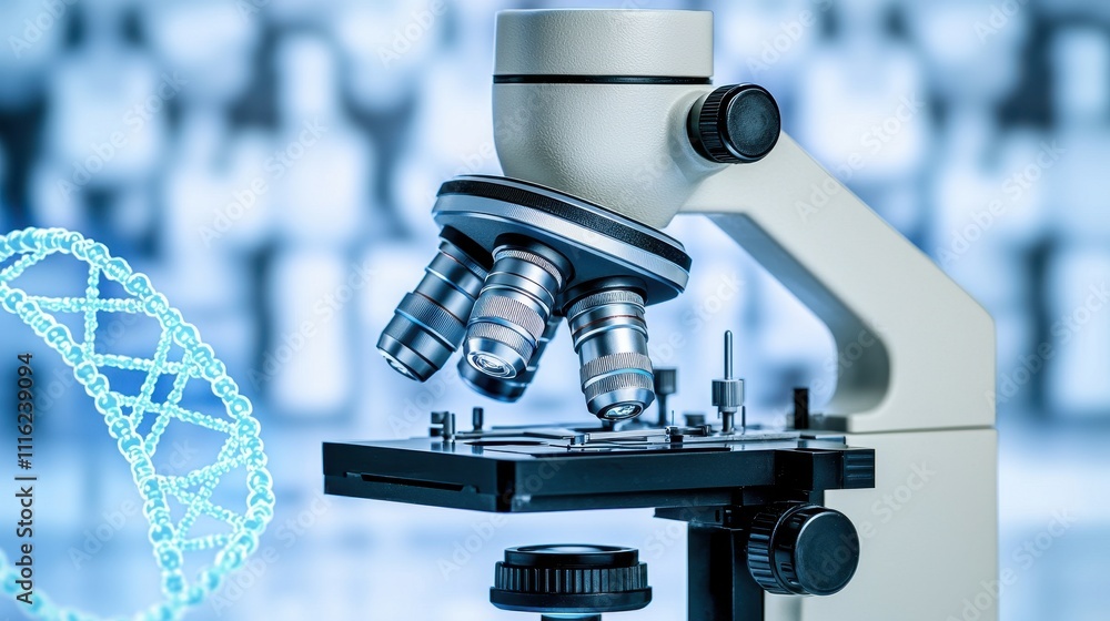 Poster close-up view of a modern microscope with dna structure visualization graphic