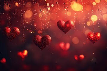 Obraz premium Abstract red hearts shape for Valentines Day or love concept vector illustration, bokeh, Heart shapes banner on a dark red background