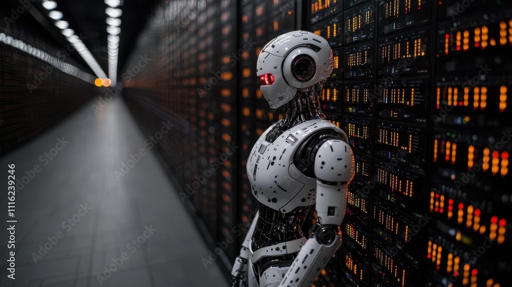 Poster futuristic robot in a high-tech server room with glowing data panels
