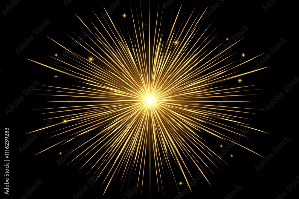 Poster abstract golden burst with radiating lines and bright center, creating a vivid display of light and 