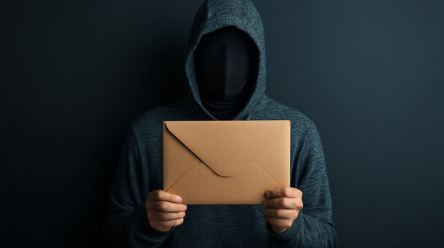 Mysterious figure in hoodie holding a sealed envelope, symbolizing secret messages or confidential communication. Dark, enigmatic atmosphere.