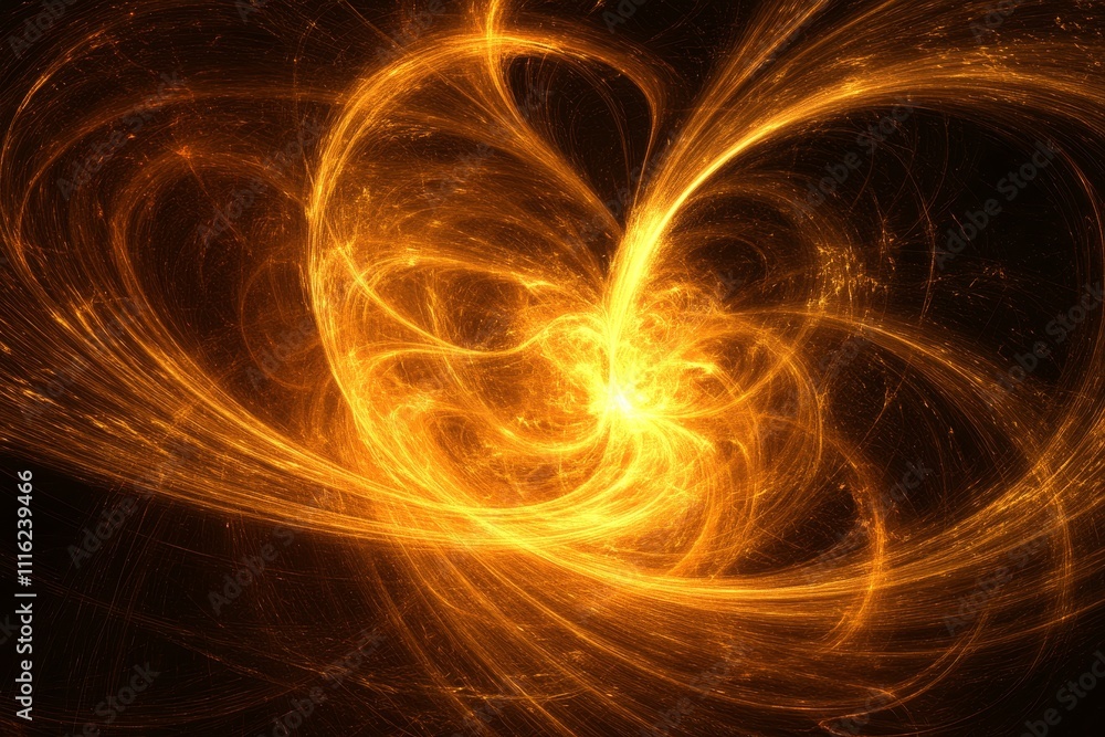 Poster abstract golden light swirls creating vibrant energy patterns against a dark background, representin