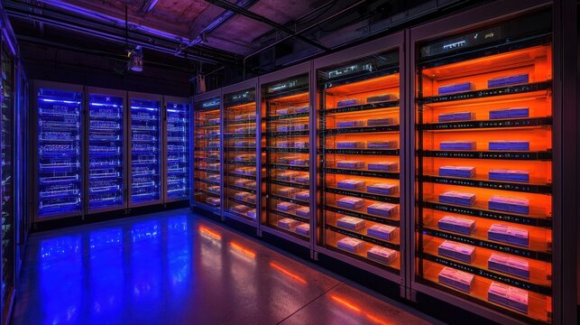 Futuristic Data Center with Illuminated Racks in Blue and Orange Lighting