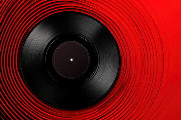 Vinyl record on a vibrant red background with concentric lines